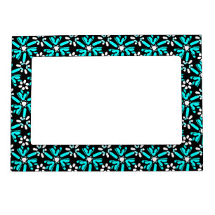 Retro Aqua Blue & Black Batik Flower Pattern Magnetic Picture Frame