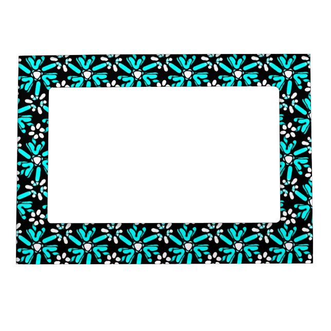 Retro Aqua Blue & Black Batik Flower Pattern Magnetic Picture Frame (Front)