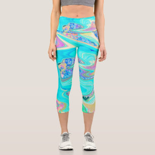 Retro Aqua Blue Liquid Art on Abstract Hydrangeas Capri Leggings