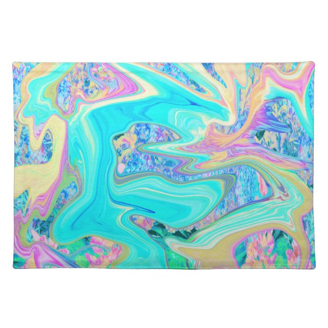 Retro Aqua Blue Liquid Art on Abstract Hydrangeas Cloth Placemat (Front)