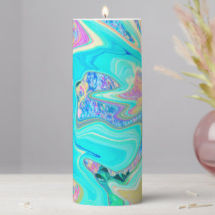 Retro Aqua Blue Liquid Art on Abstract Hydrangeas Pillar Candle