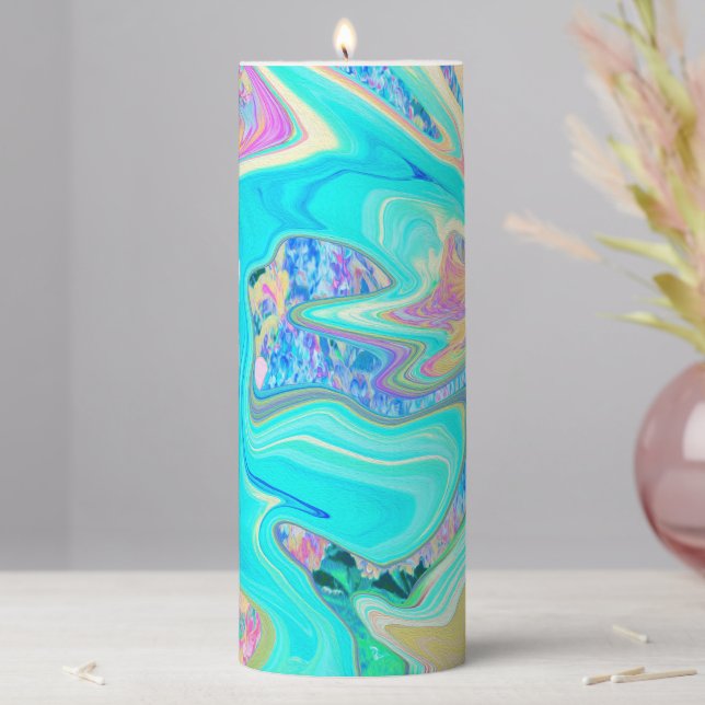 Retro Aqua Blue Liquid Art on Abstract Hydrangeas Pillar Candle (In Situ)