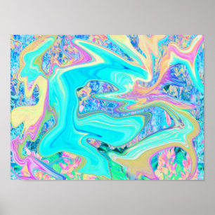 Retro Aqua Blue Liquid Art on Abstract Hydrangeas Poster