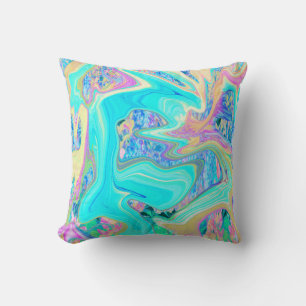 Retro Aqua Blue Liquid Art on Abstract Hydrangeas Throw Pillow