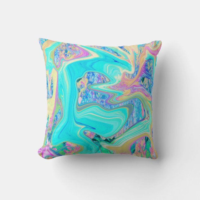 Retro Aqua Blue Liquid Art on Abstract Hydrangeas Throw Pillow (Front)
