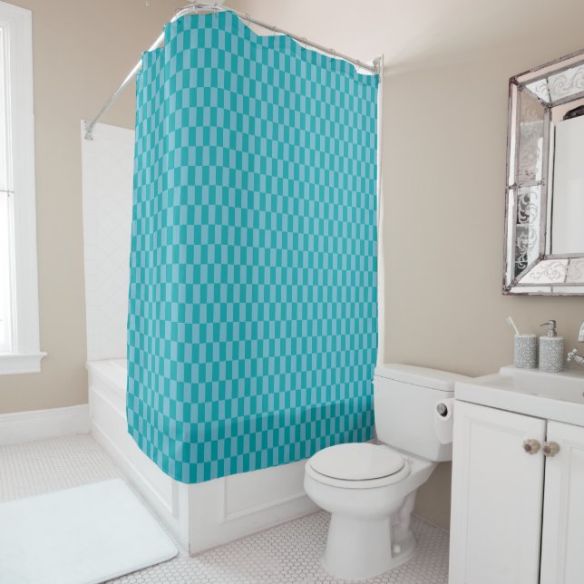 Retro Aqua Blue Vibrant Checkerboard Pattern Shower Curtain (In Situ)