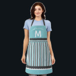 Retro Aqua Blue & White Stripes with Family Name Apron<br><div class="desc">Retro Aqua Blue & White Stripes with Family Name Apron, just add your custom family name or text and initial letter. A Color editable design, all elements can be changed to any color you desire by clicking Personalize this template and choosing customize further at the bottom of the text areas....</div>