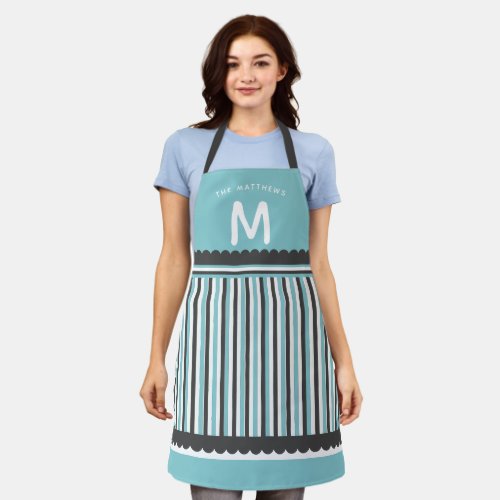 Retro Aqua Blue  White Stripes with Family Name Apron