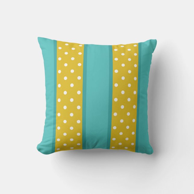 Retro Aqua Blue  Yellow Polka Dot Stripes Pattern Throw Pillow (Front)