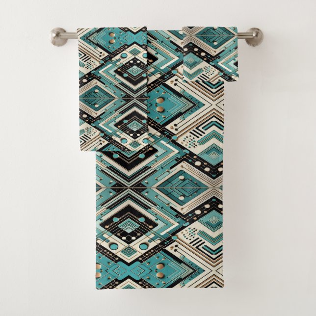 Retro Aqua Diamond Mid Century Modern Towel Set (Insitu)
