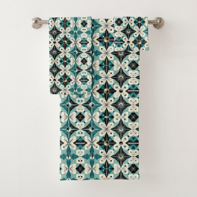 Retro Aqua Diamond Mid Century Modern Towel Set (Insitu)