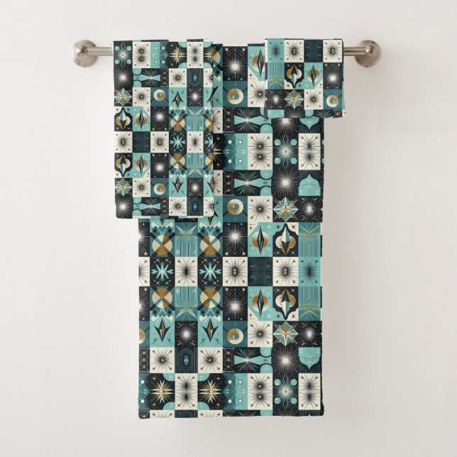 Retro Aqua Diamond Mid Century Modern Towel Set (Insitu)