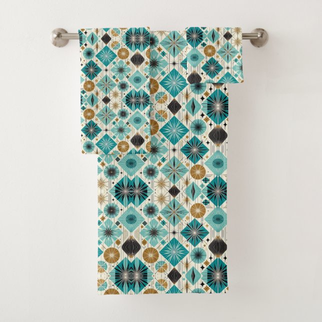 Retro Aqua Diamond Mid Century Modern Towel Set (Insitu)