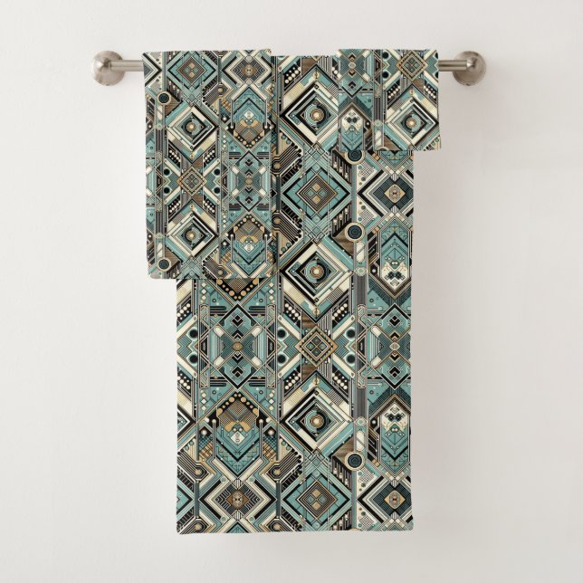 Retro Aqua Diamond Mid Century Modern Towel Set (Insitu)