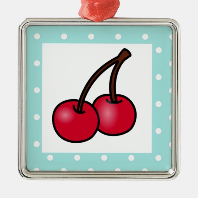 Retro Aqua Dots Cherries Metal Ornament (Front)