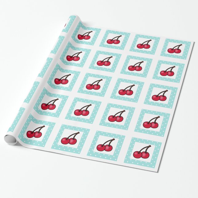 Retro Aqua Dots Cherries Wrapping Paper (Unrolled)