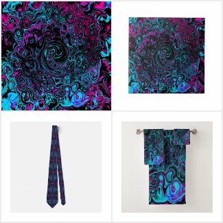 Retro Aqua Magenta and Black Abstract Swirl