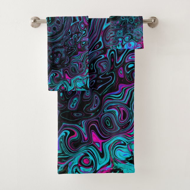 Retro Aqua Magenta and Black Abstract Swirl Bath Towel Set (Insitu)