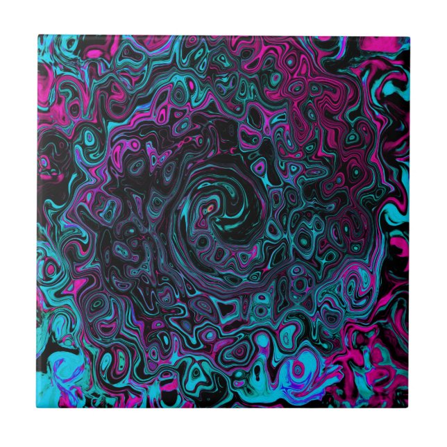 Retro Aqua Magenta and Black Abstract Swirl Ceramic Tile (Front)