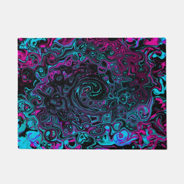 Retro Aqua Magenta and Black Abstract Swirl Doormat (Front)