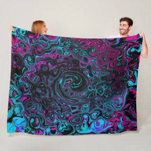 Retro Aqua Magenta and Black Abstract Swirl Fleece Blanket