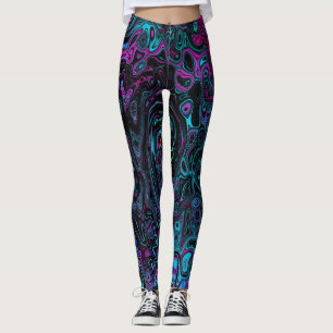 Retro Aqua Magenta and Black Abstract Swirl Leggings