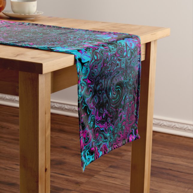 Retro Aqua Magenta and Black Abstract Swirl Long Table Runner (In Situ)