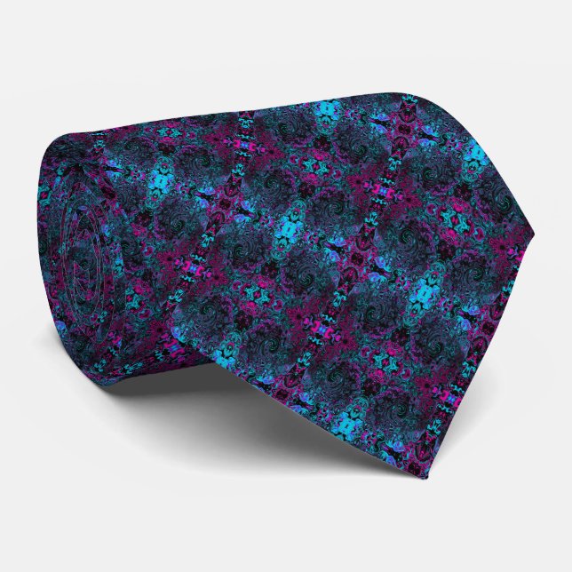 Retro Aqua Magenta and Black Abstract Swirl Neck Tie (Rolled)