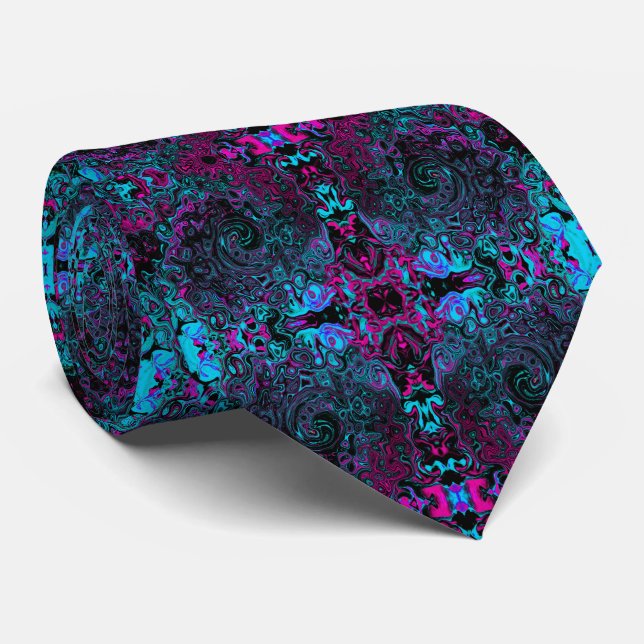 Retro Aqua Magenta and Black Abstract Swirl Neck Tie (Rolled)