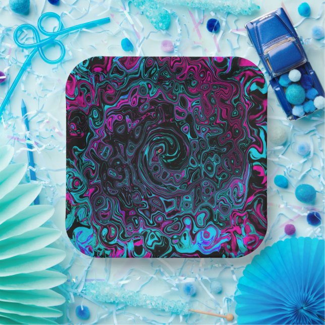 Retro Aqua Magenta and Black Abstract Swirl Paper Plates (Party)