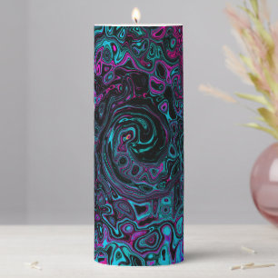 Retro Aqua Magenta and Black Abstract Swirl Pillar Candle