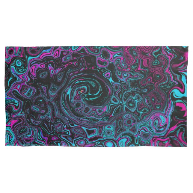 Retro Aqua Magenta and Black Abstract Swirl Pillow Case (Front-Left)