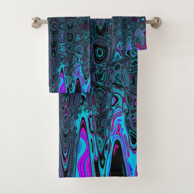 Retro Aqua Magenta and Black Abstract Waves Bath Towel Set (Insitu)