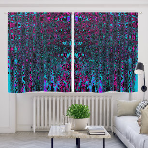 Retro Aqua Magenta and Black Abstract Waves Blackout Curtains