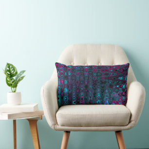 Retro Aqua Magenta and Black Abstract Waves Lumbar Pillow