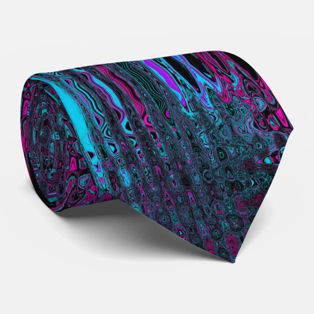 Retro Aqua Magenta and Black Abstract Waves Neck Tie (Rolled)