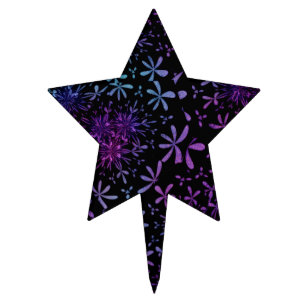Retro Aqua Purple Floral Blossoms Cake Topper