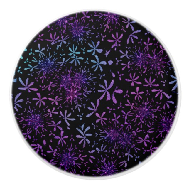 Retro Aqua Purple Floral Blossoms Ceramic Knob (Front)