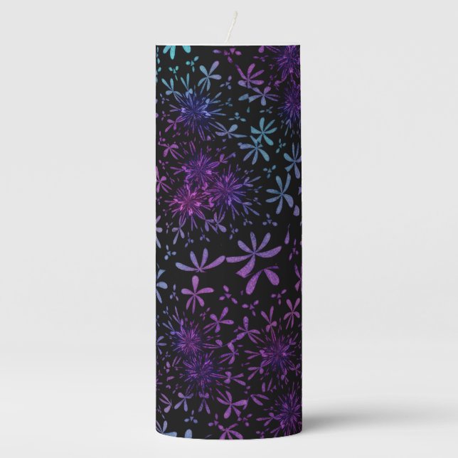 Retro Aqua Purple Floral Blossoms Pillar Candle (Front)