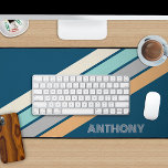 Retro Aqua Teal Blue Yellow Gray Black Stripes Art Desk Mat<br><div class="desc">Colorful contemporary retro diagonal ochre yellow, ivory, pastel aqua turquoise green, and gray stripes pattern design on a teal blue background. With the option to customize or personalize with the monogram or initials of your choice. Beautiful, modern and cool keyboard desk pad for the trend-savvy and art-loving hip trendsetter, vintage...</div>
