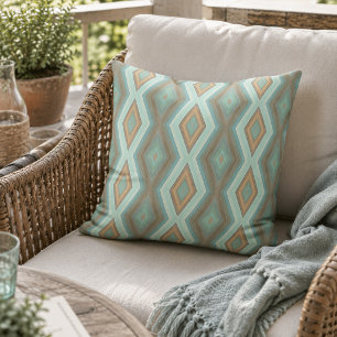 Retro Aqua Turquoise Brown Diamond Squares Art Outdoor Pillow