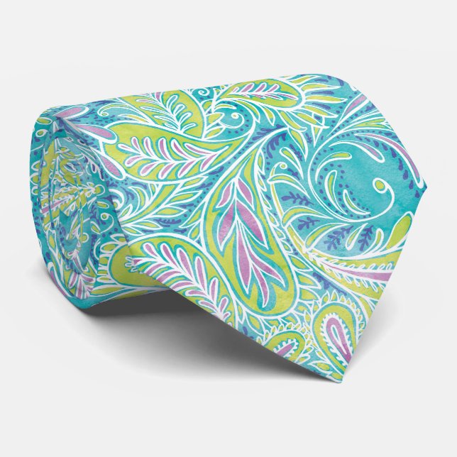 Retro Aqua Turquoise Paisley Pattern Neck Tie (Rolled)