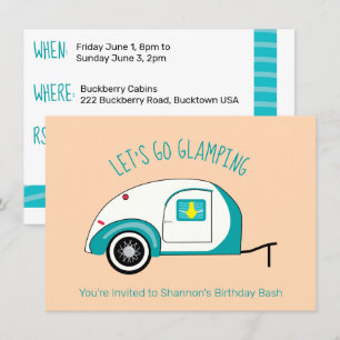 Retro Aquamarine Teardrop Camper Glamping Invitation