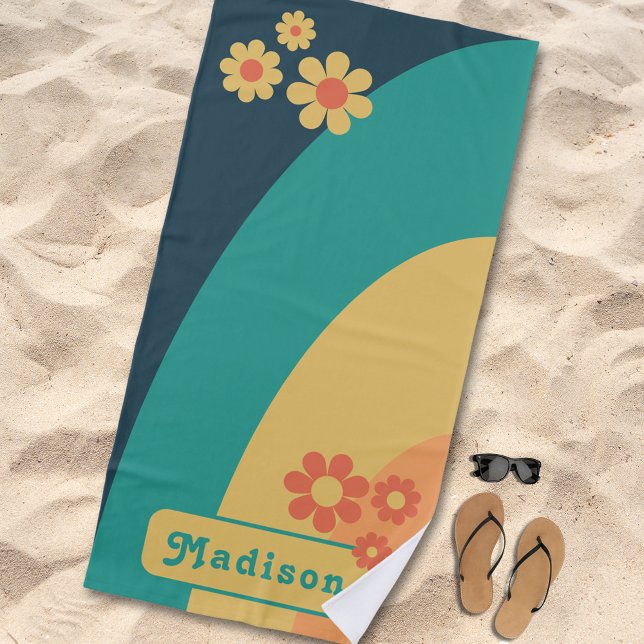 Retro Arc Floral Name Beach Towel (Retro groovy floral personalized name beach towel with simple daisy curve blue yellow orange teal)