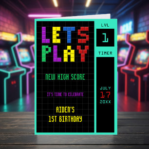 Retro Arcade Game Kids 1st Birthday Letterpress Thank You Card