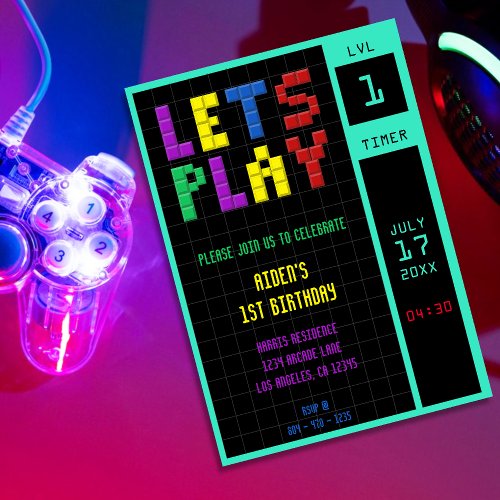 Retro Arcade Game Kids 1st Birthday Party Invitation