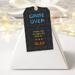 Retro Arcade Game Kids Birthday Favor Tags<br><div class="desc">These awesome gamer theme birthday party favor tags with a vintage arcade game vibe feature retro lettering on a dark gray and white dot matrix grid. "Game Over" appears at the top in retro digital lettering,  with your custom message and name beneath. Three retro "life hearts" complete the design.</div>