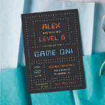 Retro Arcade Game Kids Birthday Party Invitation<br><div class="desc">These awesome gamer theme birthday party invitations with a vintage arcade game vibe feature retro lettering on a dark gray and white dot matrix grid. "[Name] has reached level [age]" appears at the top in retro digital lettering,  with your party details beneath.</div>