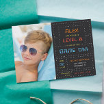 Retro Arcade Game Kids Birthday Party Photo Invitation<br><div class="desc">These awesome gamer theme birthday party invitations with a vintage arcade game vibe feature retro lettering on a dark gray and white dot matrix grid. "[Name] has reached level [age]" appears at the top in retro digital lettering, with your party details beneath. A photo of the birthday kiddo completes this...</div>
