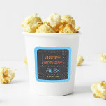 Retro Arcade Game Kids Birthday Party Square Sticker<br><div class="desc">These awesome gamer theme birthday favor stickers with a vintage arcade game vibe feature retro lettering on a dark gray and white dot matrix grid. "Happy Birthday [Name]" appears in retro digital lettering,  with "Level [age]" beneath.</div>